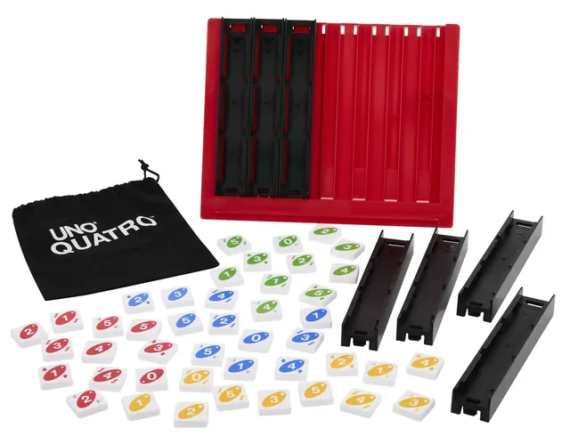 UNO Quatro laid out: the red base, seven black trays, a black drawstring bag and 44 coloured tiles