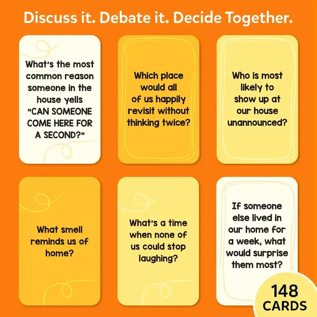 Six question cards, such as What smell reminds us of home?, and a label saying 148 cards