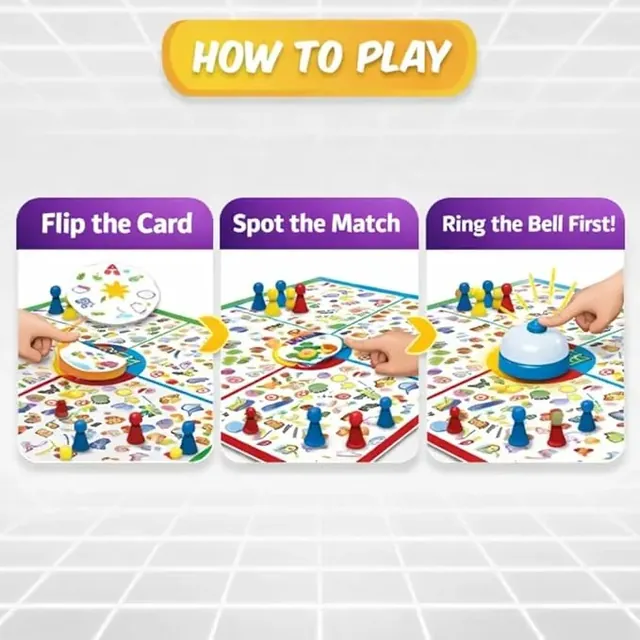 Clapjoy's how-to-play picture: flip the card, spot the match, ring the bell first