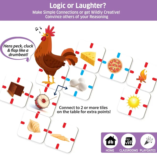A rooster tile linked to a drum and to eggs, with a note that connecting to two or more tiles scores extra points
