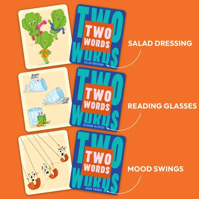 Three two-word cards with their answers: salad dressing, reading glasses and mood swings