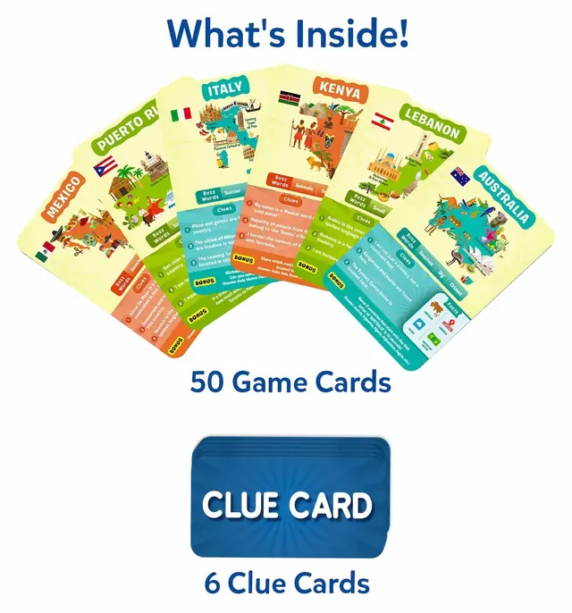 Country game cards fanned out, such as Mexico, Puerto Rico, Italy, Kenya, Lebanon and Australia, with a blue clue card