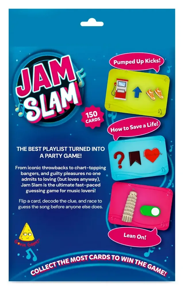 The back of the Jam Slam box, with sample cards and a short description