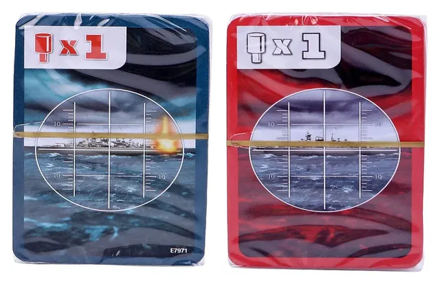 A blue and a red card from the two decks, each with a target grid