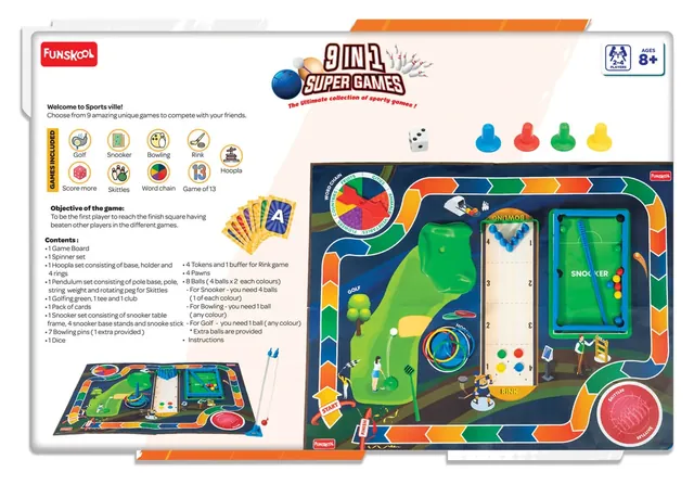 The back of the box, with the nine games, the objective, the contents list and a picture of the board