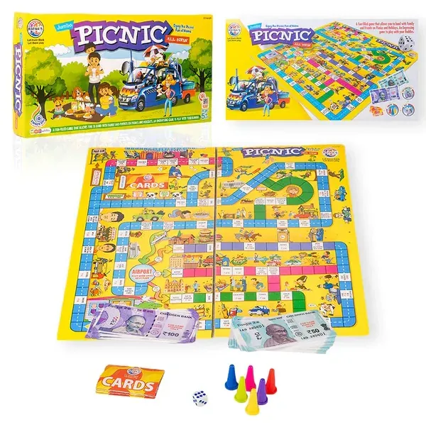 The box front and back beside the open board, with cards, tokens and a die