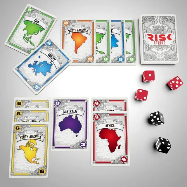 Continent cards for Asia, South America, Australia and Africa with dice rolled beside them