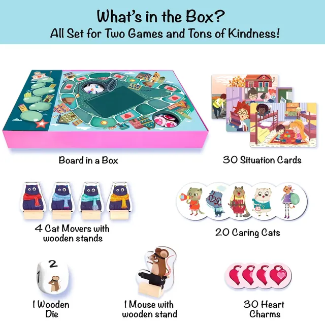 What's in the box: the board in a box, 30 situation cards, 4 cat movers and a Mean Mouse on wooden stands, 20 Caring Cats tokens, heart charms and a wooden die