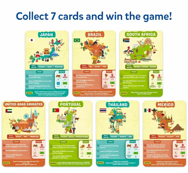 Seven country cards: Japan, Brazil, South Africa, the United Arab Emirates, Portugal, Thailand and Mexico
