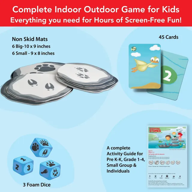 Everything in the box: 12 non-skid foam mats in two sizes, 45 cards, 3 foam dice and the activity guide