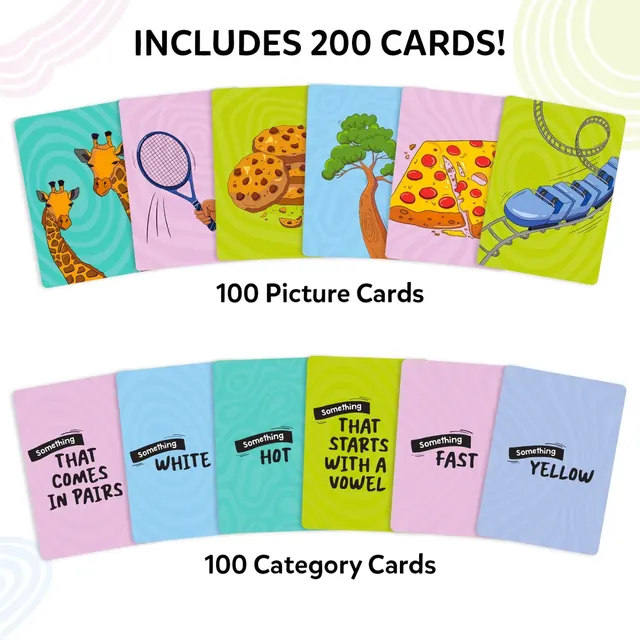Skillmatics graphic of the cards: a row of picture cards (giraffe, tennis racket, cookies) and a row of category cards ('Something white', 'Something hot')