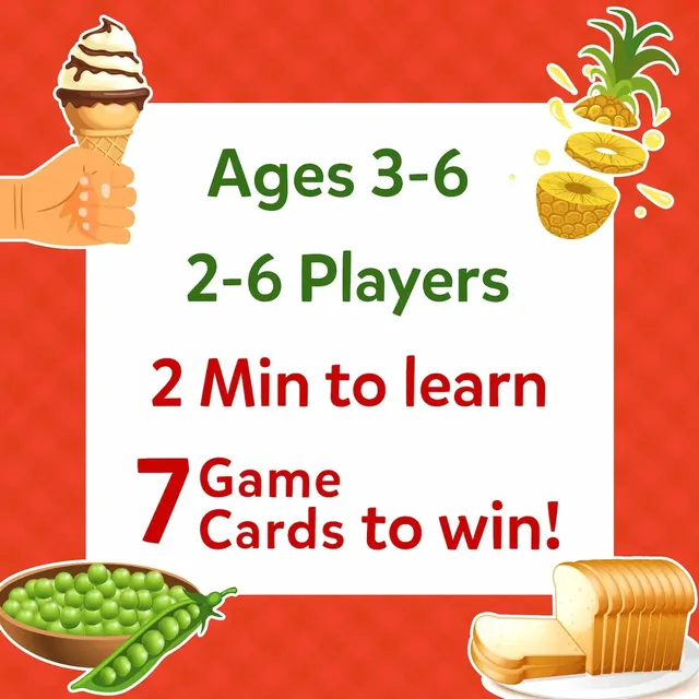 Panel reading Ages 3-6, 2-6 players, 2 minutes to learn and 7 game cards to win