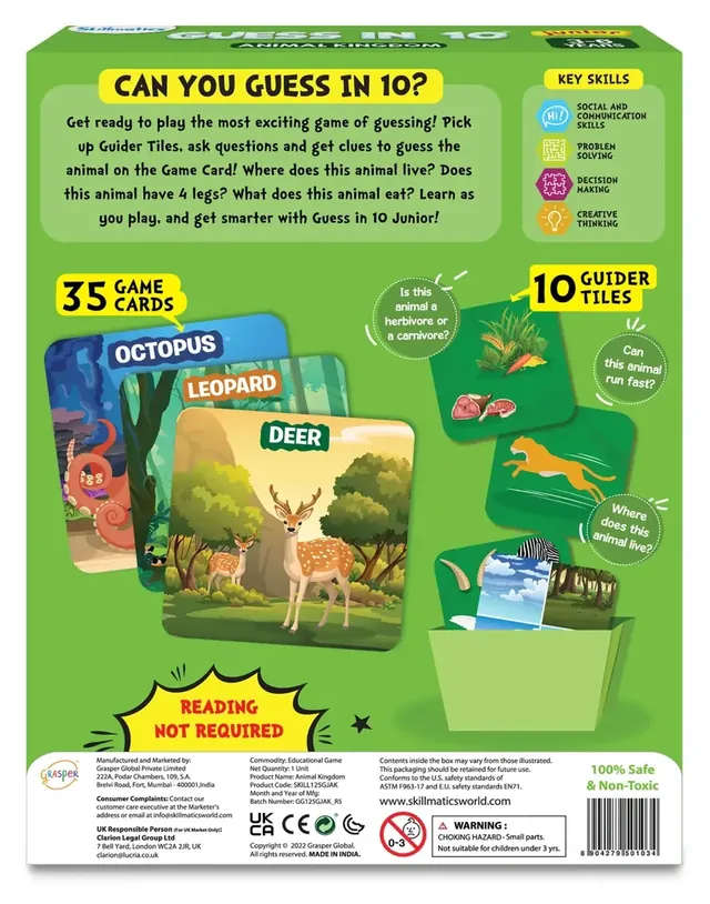 The back of the box, with sample cards of an octopus, a leopard and a deer, and the guider tiles
