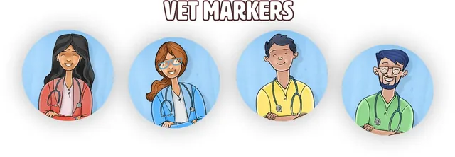 Four round vet markers with cartoon vets