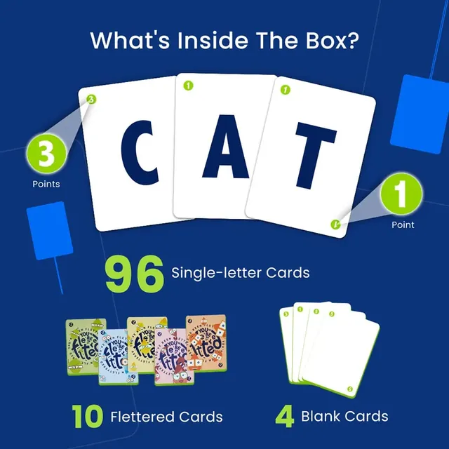 Binca's picture of the contents: 96 single-letter cards, 10 Flettered cards and 4 blank cards