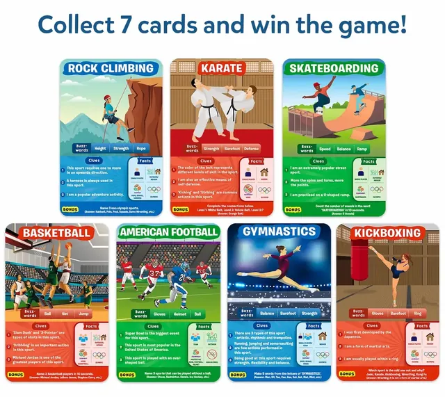 Seven sport cards: rock climbing, karate, skateboarding, basketball, American football, gymnastics and kickboxing