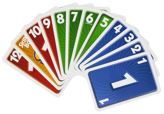 A fan of Skip-Bo cards from 1 to 12 with a SKIP-BO wild card