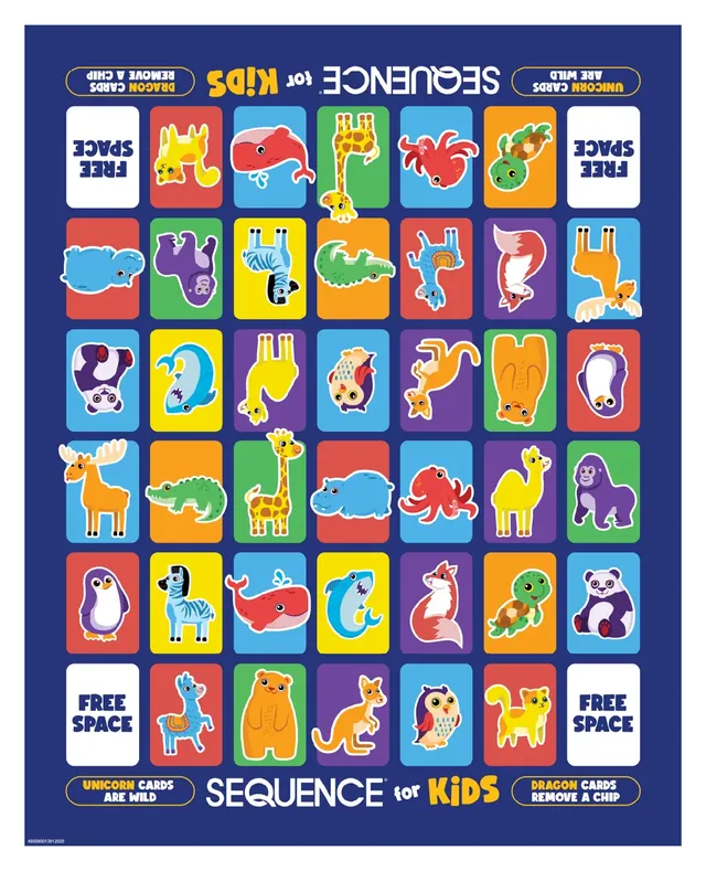 The Sequence for Kids board from above: rows of animal squares with a free space in each corner
