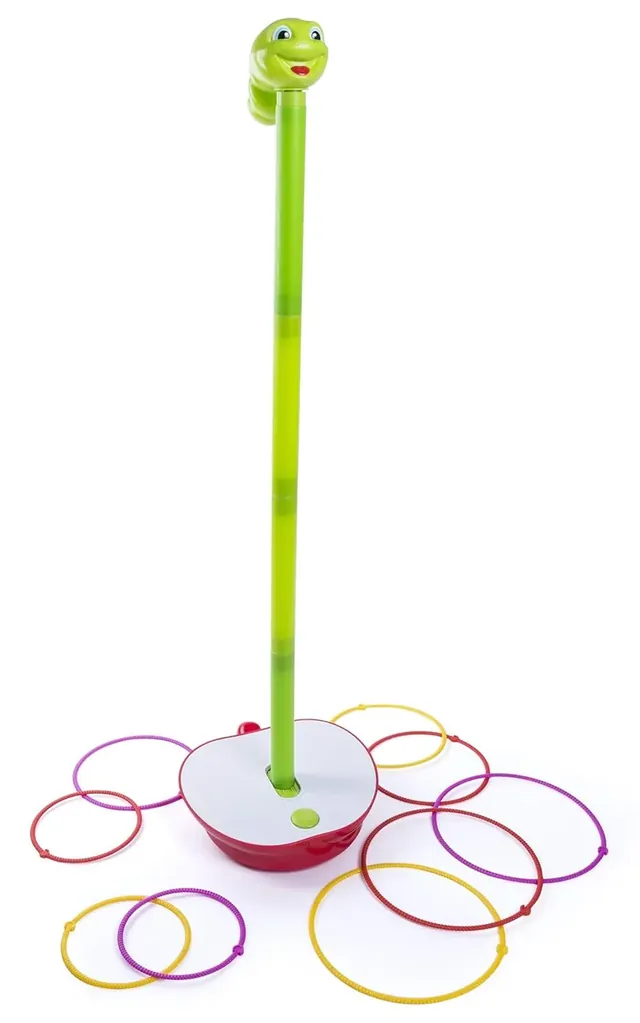 The green worm standing on its red apple base, with nine coloured rings on the floor