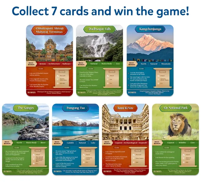 Seven cards: Chhatrapati Shivaji Maharaj Terminus, Dudhsagar Falls, Kangchenjunga, the Ganges, Pangong Tso, Rani ki Vav and Gir National Park