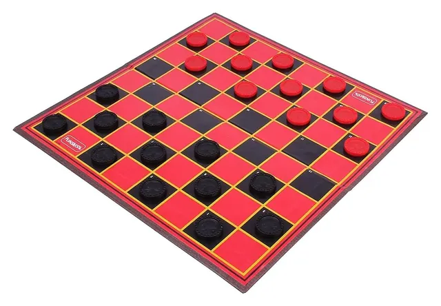 The red and black Funskool checkerboard with 12 red and 12 black coins set out