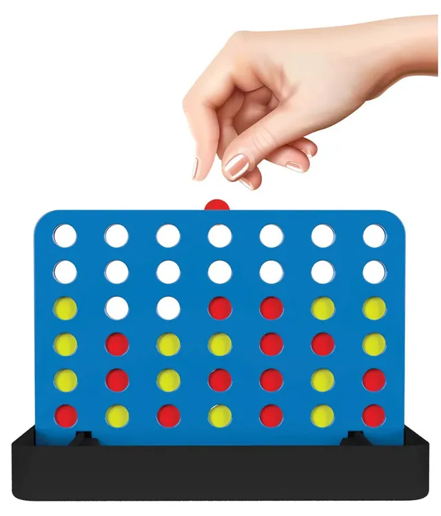 The small blue Travel Strike 4 grid on a black stand, with red and yellow discs and a hand dropping a red disc
