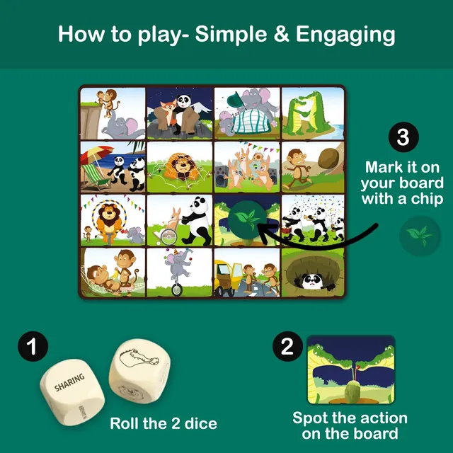 How to play: roll the 2 dice, spot the action on your board and mark it with a chip