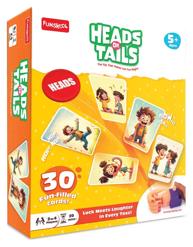 Funskool's newer Heads or Tails box in orange and yellow, with cartoon children and '30 fun-filled cards'