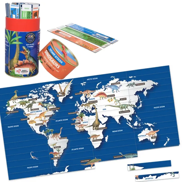 The tube, spinner and sticks above the finished Dinosaurs of the World map puzzle