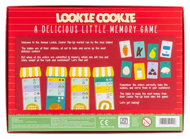 The Lookie Cookie box back with the rules, the contents list and the line 'Made in India'