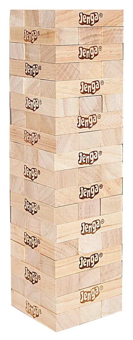 A full Jenga tower of 54 plain wooden blocks