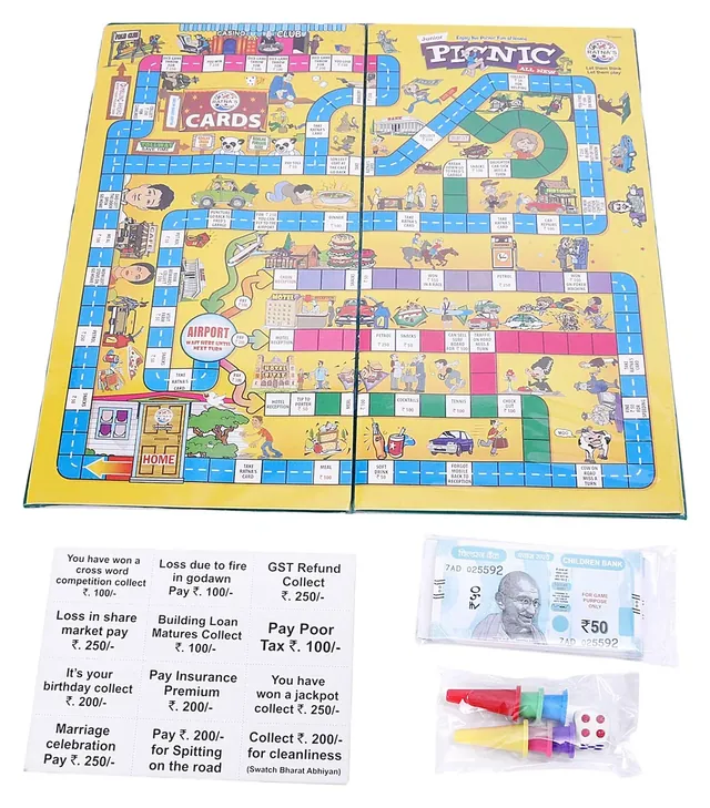 The board laid out with the event cards, play money, tokens and a die
