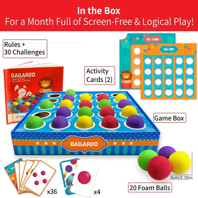 In the box: the game box with 25 holes, 20 foam balls of about 3 cm, a deck of 36 and a deck of 4 cards, 2 activity cards and the rules with 30 challenges