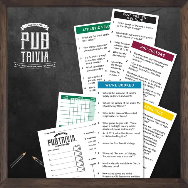 Question cards in coloured categories, a team answer sheet and pencils on a chalkboard background