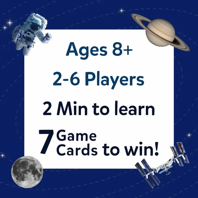 Panel reading ages 8+, 2-6 players, 2 minutes to learn and 7 game cards to win, with an astronaut, Saturn and the Moon
