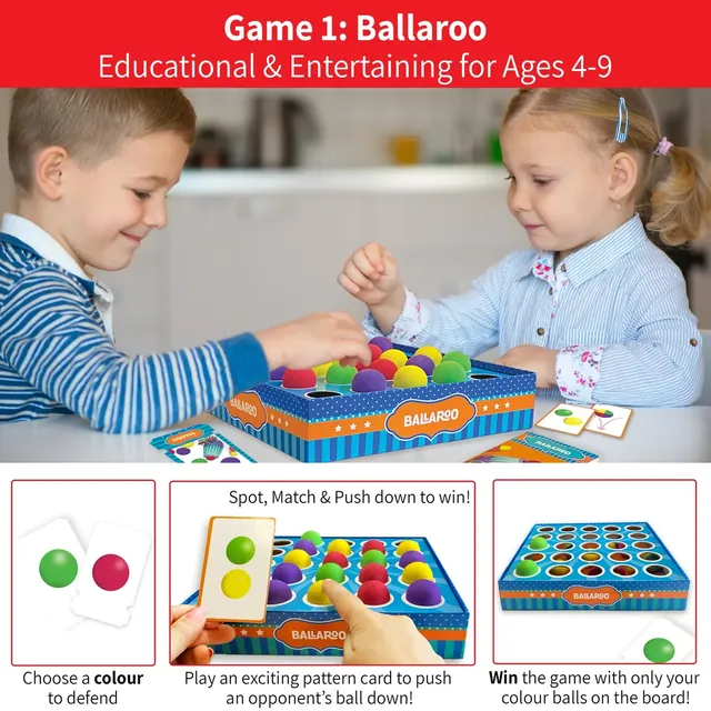 Game 1: choose a colour to defend, play a pattern card to push down an opponent's ball, and win with only your colour left