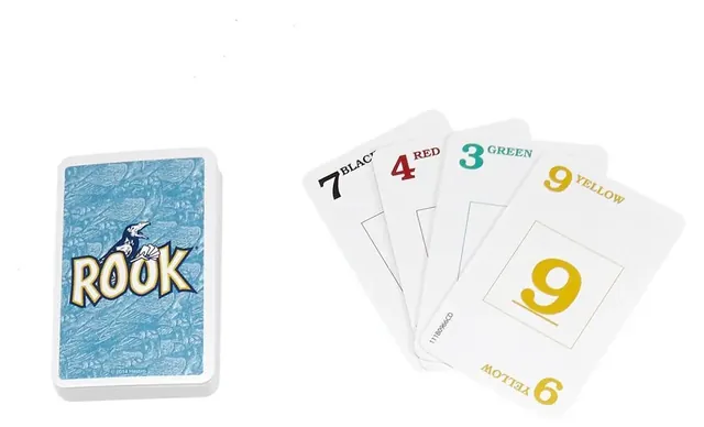 The Rook deck with a fan of cards: a black 7, a red 4, a green 3 and a yellow 9