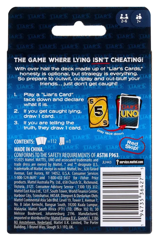 The back of the Liar's UNO pack, with three rules in brief, the contents and a barcode
